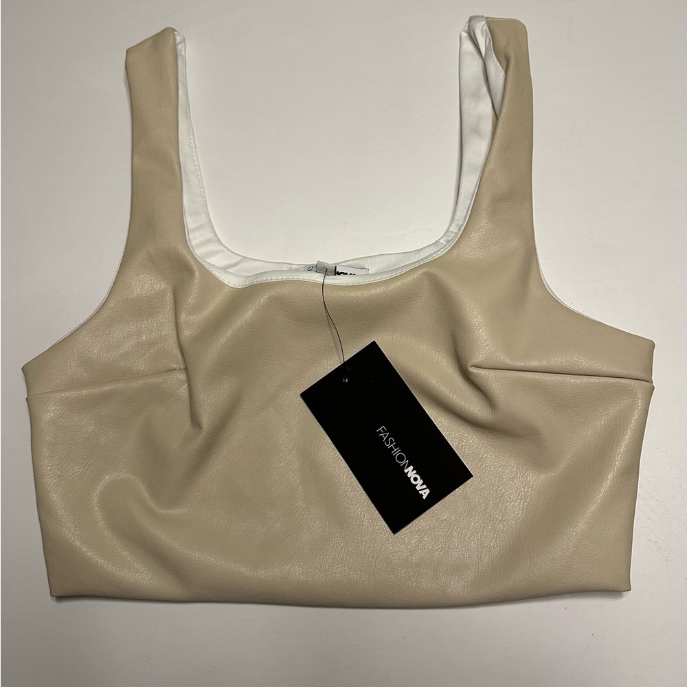 NEW‎ Fashion Nova Julia Faux Leather Crop Tank Top Cream XS